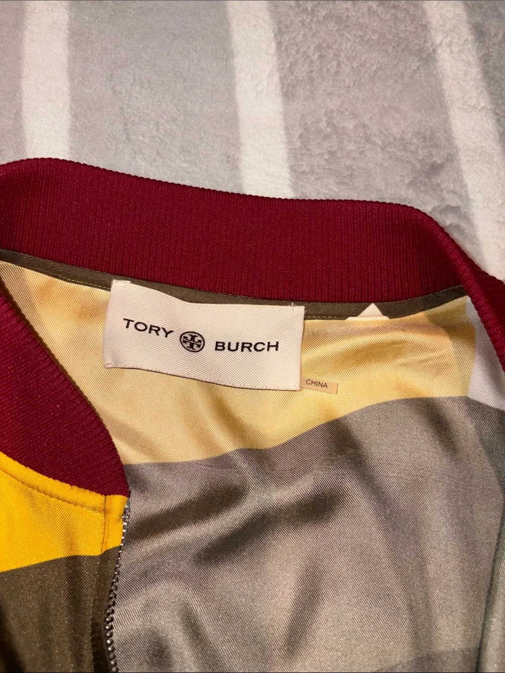 Tory Burch Olive and Maroon Graphic Bomber Jacket with Yellow Accents